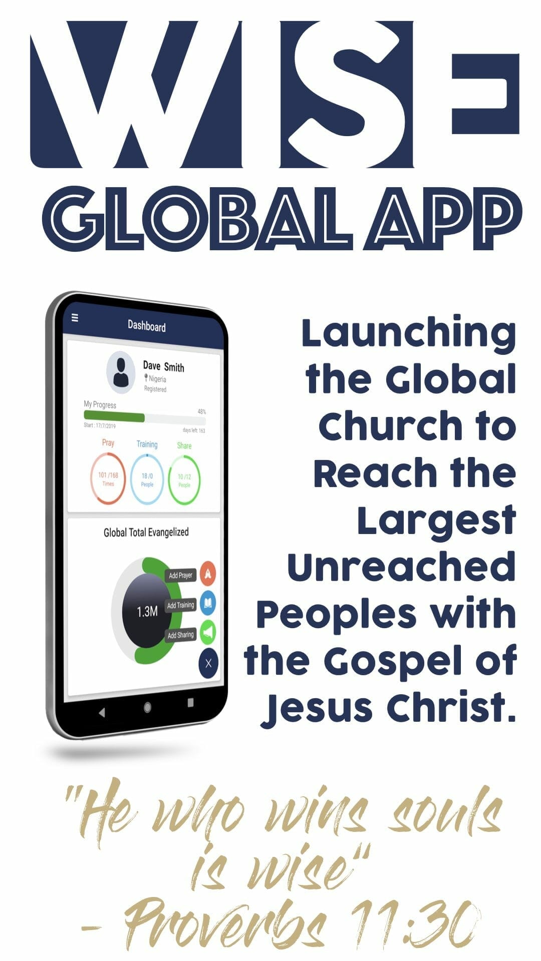 WISE GLOBAL APP Launching the Global Church to Reach the Largest Unreached Peoples with the Gospel of Jesus Christ. "He who wing souls is wise" - Proverbs 11:30
