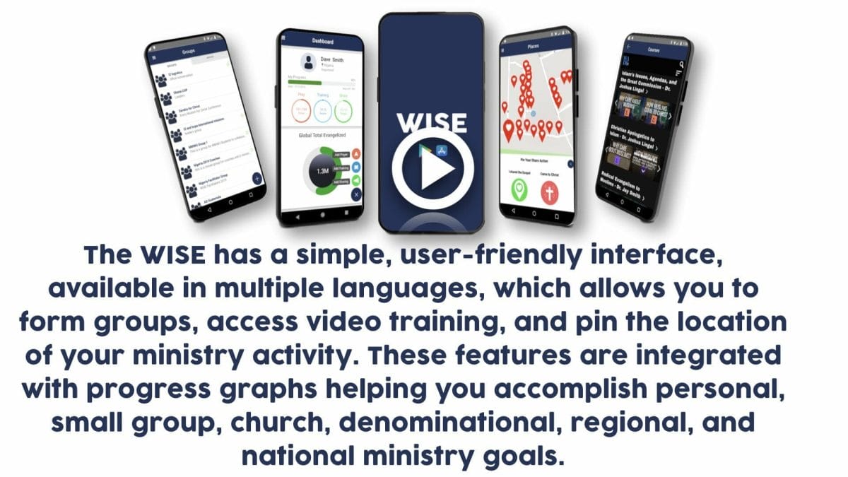 View Wise video tutorial #1. The WISE has a simple, user-friendly interface, available in multiple languages, which allows you to form groups, access video training, and pin the location of your ministry activity. These features are integrated with progress graphs helping you accomplish personal, small group, church, denominational, regional, and national ministry goals.