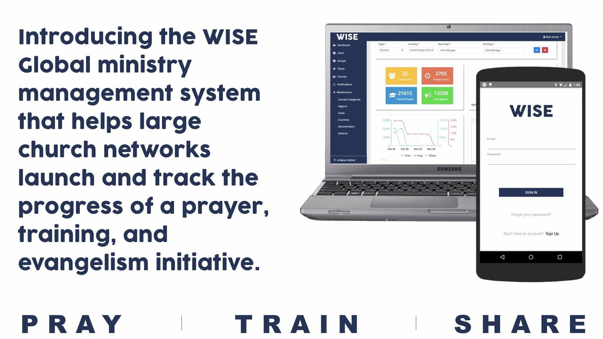 WISEmobi.001-min Introducing the WISE Global ministry management system that helps large church networks launch and track the progress of a prayer, training, and evangelism initiative. PRAY | TRAIN | SHARE